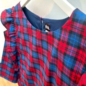 TEA DRESS FROM NORDSTROM RED AND BLUE PLAID GIRLS SIZE 14 WITH RUFFLES